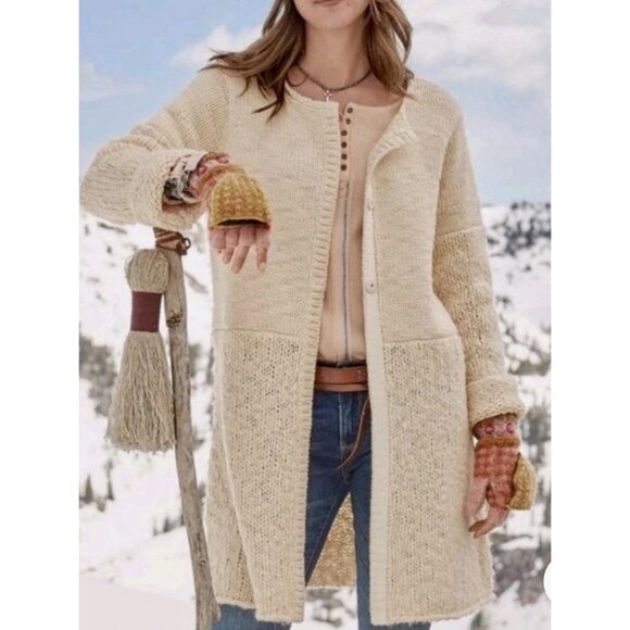 Sundance Neve Duster Cardigan Wool Sweater XL Petite PXL Beige Cream Snap Long - Picture 3 of 7
